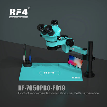 RF4 Trinocular Stereo Microscope Set – 360° Rotation Articulating Arm Stand, Phone Soldering & PCB Repair, Model RF7050TVPRO-F019