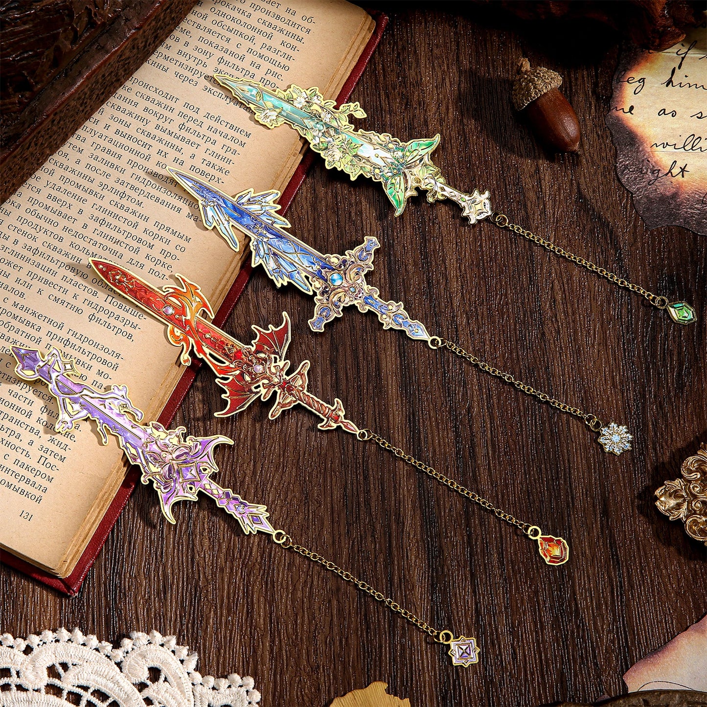 Fantasy Sword Bookmarks - 4-Piece Metal Book Markers for Books, Journals and Planners