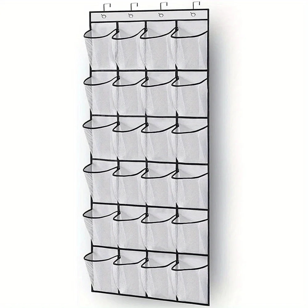 24-Grid Wall-Mounted Shoe Organizer – Fabric Closet Storage Rack with Mesh Pockets, Clear Hanging Over-the-Door Cloth Bag