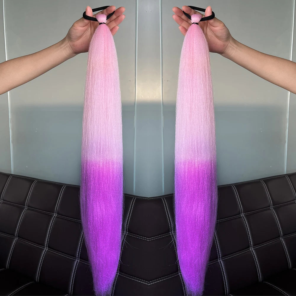 Synthetic Colorful Ponytail Extensions – Long Straight Braided Hairpieces with Rubber Band for Women