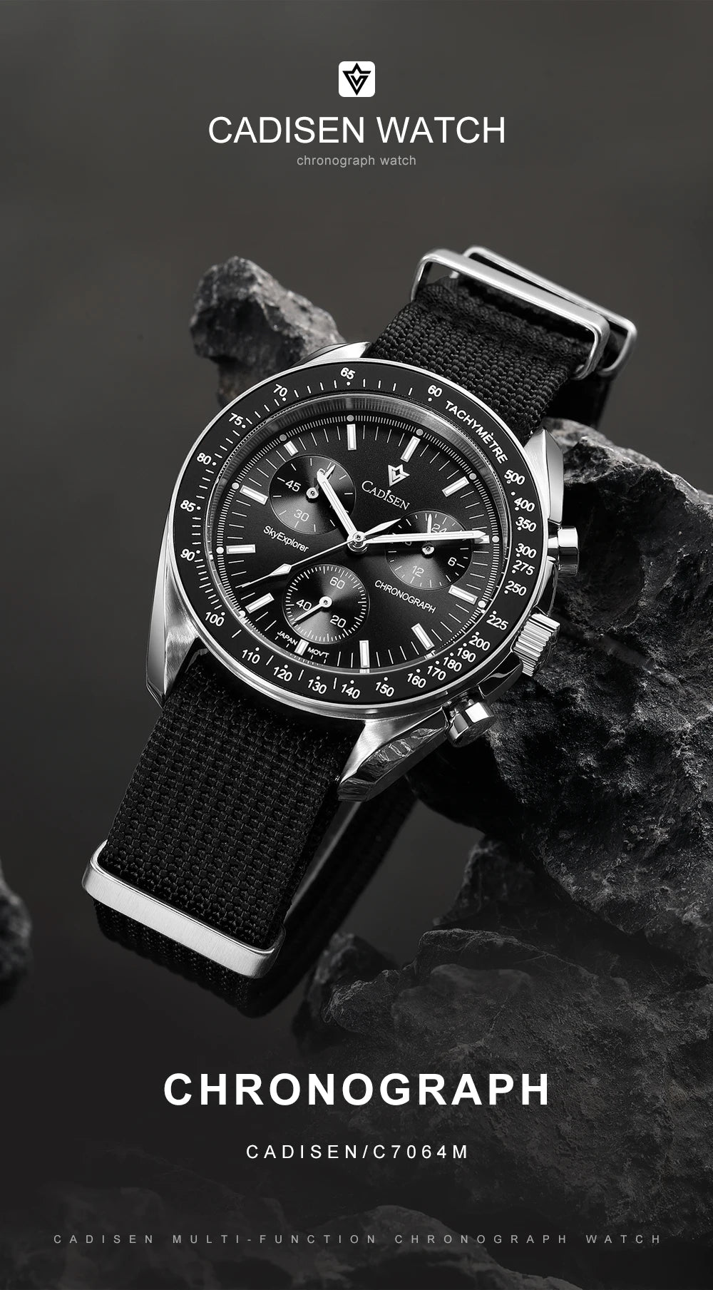 CADISEN Men's Luxury Watch – Quartz VK68 Chronograph, Sapphire AR Crystal, Canvas Strap Speed Style Wristwatch