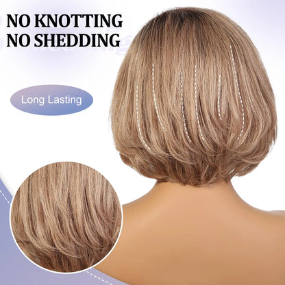 100% Remy Human Hair Transparent Lace Frontal Wig – Short Wavy Ash Brown Ombre Pixie Cut for White Women