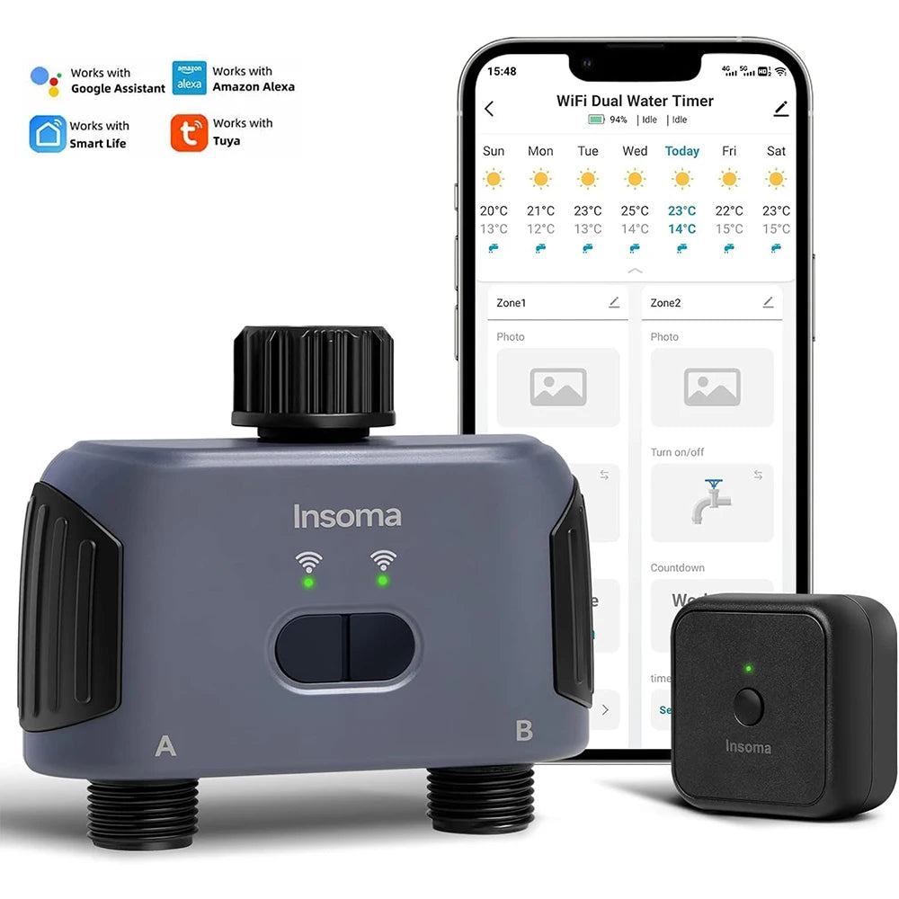 Insoma Automatic Water Timer with WiFi Hub - 2 Outlet Garden Irrigation System, Sprinkler Programmer, Alexa Compatible