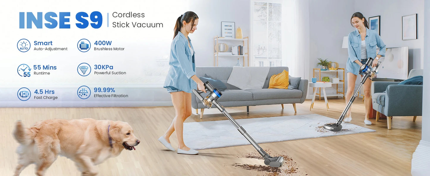 INSE S9 Stick Cordless Vacuum Cleaner - 400W, 30KPa Suction, Up to 55 Mins Runtime, 9-in-1 for Hardwood, Pet Hair, Home and Car