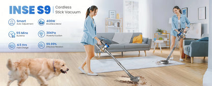 INSE S9 Stick Cordless Vacuum Cleaner - 400W, 30KPa Suction, Up to 55 Mins Runtime, 9-in-1 for Hardwood, Pet Hair, Home and Car