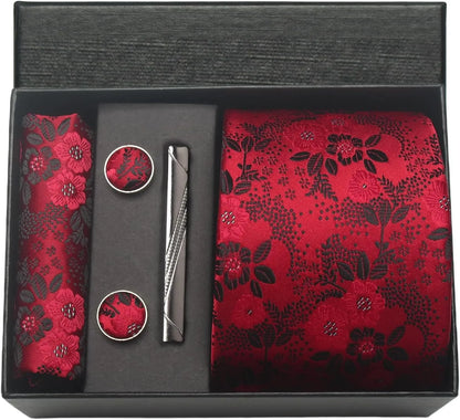 100% Silk Men’s Necktie Set with Paisley Floral Design, Business Tie with Pocket Square, Tie Clip & Cufflinks Gift Box Set for Men
