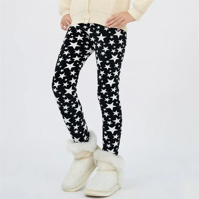 Girls Warm Velvet Leggings Pants (4–13Y) – Autumn Winter Thickened Star Print Kids Stretch Trousers Baby Girl Thermal Skinny Pants