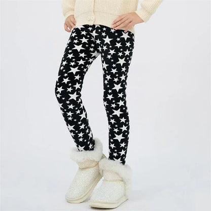 Girls Warm Velvet Leggings Pants (4–13Y) – Autumn Winter Thickened Star Print Kids Stretch Trousers Baby Girl Thermal Skinny Pants