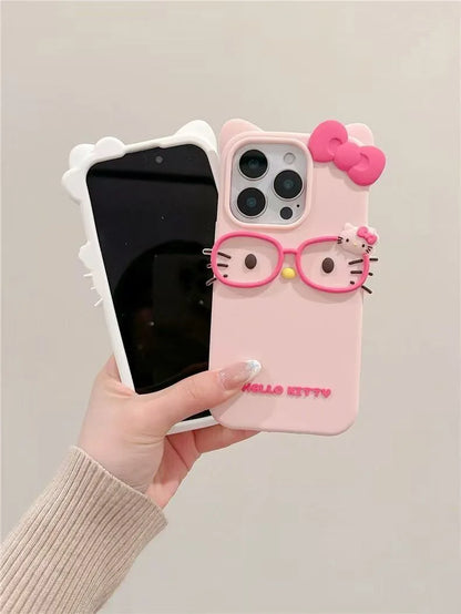 3D Cat Glasses Silicone Phone Case - Cute Animal Protective Cover for iPhone 17 Pro Max, 16, 15 Plus, 14, 13 Mini, 12, 11, 8, 7, SE Series