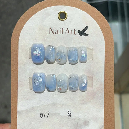 10Pcs Pink Handmade Press-On Nails – Short French Style with Flowers, Butterflies & Rhinestones, Full Cover Nail Tips
