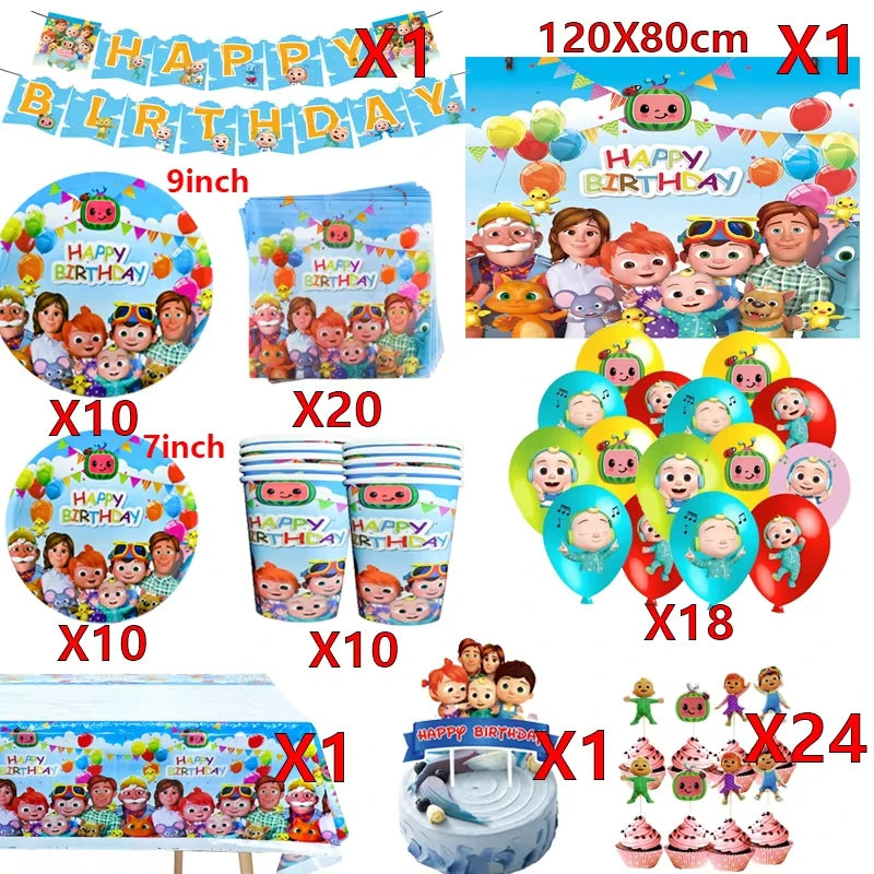 Cartoon JJ Melon Birthday Party Decorations Set – Disposable Tableware, Cups, Plates, Tablecloth, Balloons & Cake Topper for Kids & Baby Shower