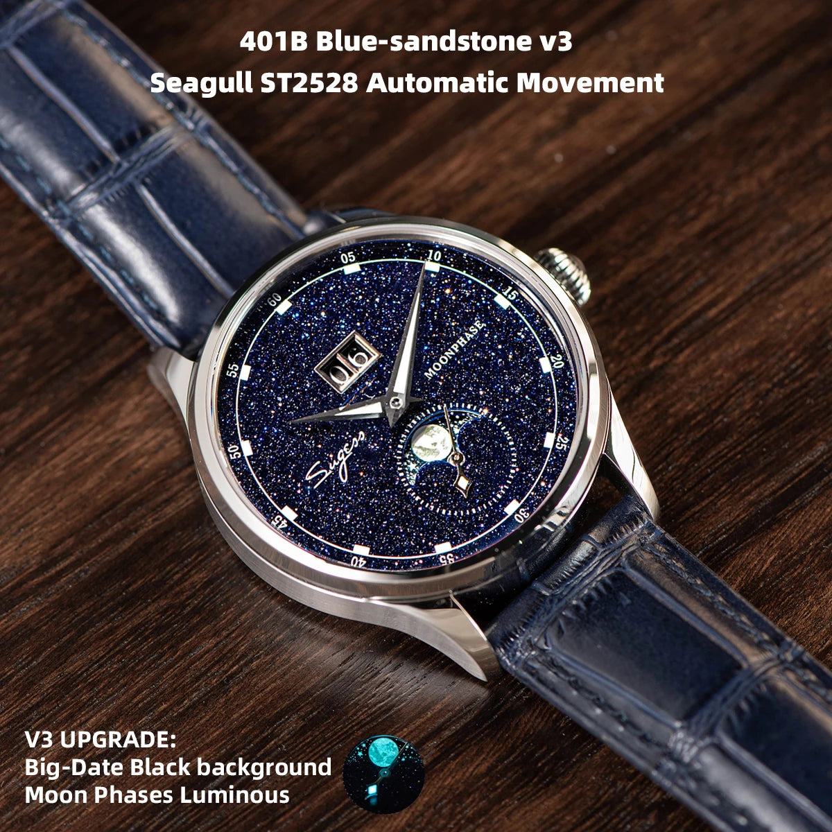 Sugess Moonphase Men’s Automatic Mechanical Watch — 40MM Stainless Steel with Seagull ST2528 Movement and Blue Sandstone Dial