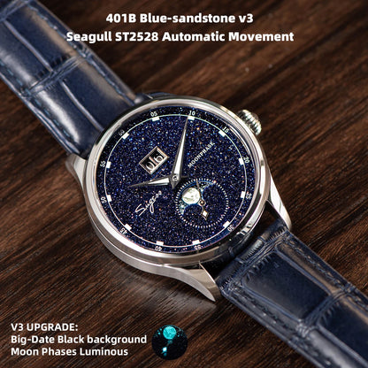 Sugess Moonphase Men’s Automatic Mechanical Watch — 40MM Stainless Steel with Seagull ST2528 Movement and Blue Sandstone Dial