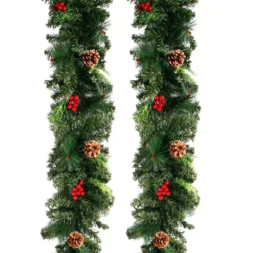 Christmas Garland Wreath with Pinecones & Red Berries – Artificial LED Rattan Decor for Tree, Stairs & Door