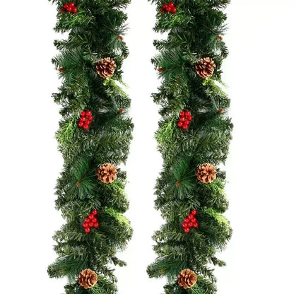 Christmas Garland Wreath with Pinecones & Red Berries – Artificial LED Rattan Decor for Tree, Stairs & Door