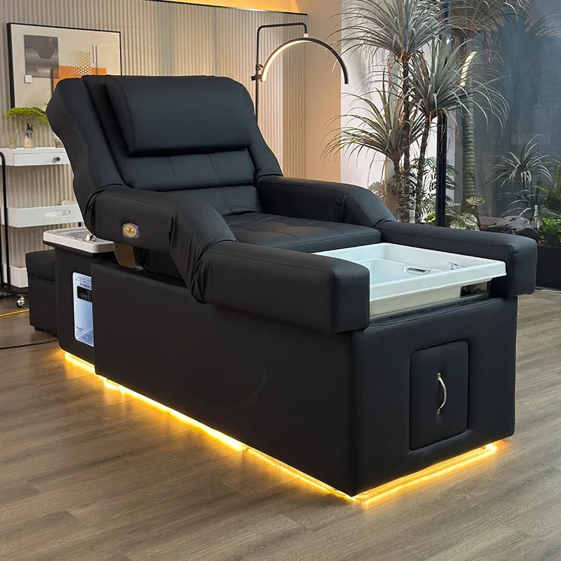 Modern Beauty Salon Shampoo Bed with Back Lift, Massage Headrest & Foot Spa Pedicure Station
