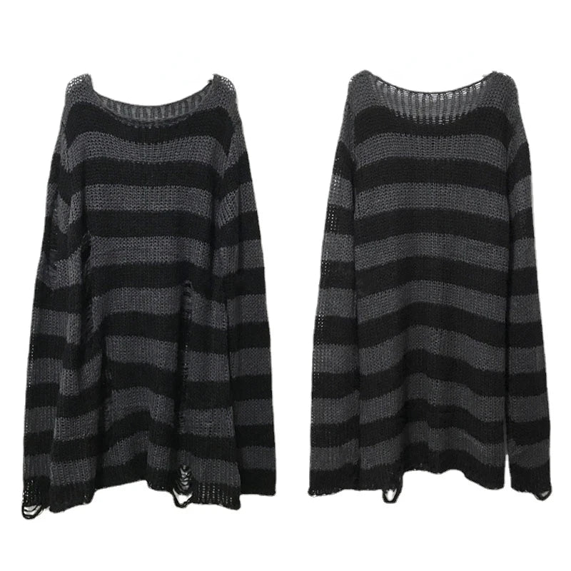 New Punk Gothic Unisex Long Sweater - Summer Striped Hollow Out Jumper for Women - Loose Dark Streetwear Top