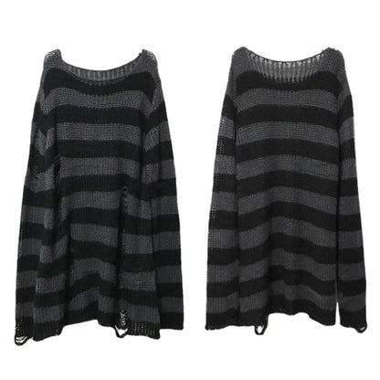 New Punk Gothic Unisex Long Sweater - Summer Striped Hollow Out Jumper for Women - Loose Dark Streetwear Top