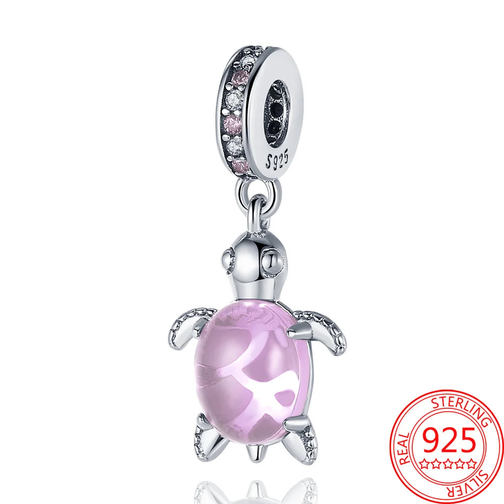 925 Silver Plated Murano Glass Sea Turtle Dangle Charm - Colorful Pink & Blue Jewelry for Women's Bracelet