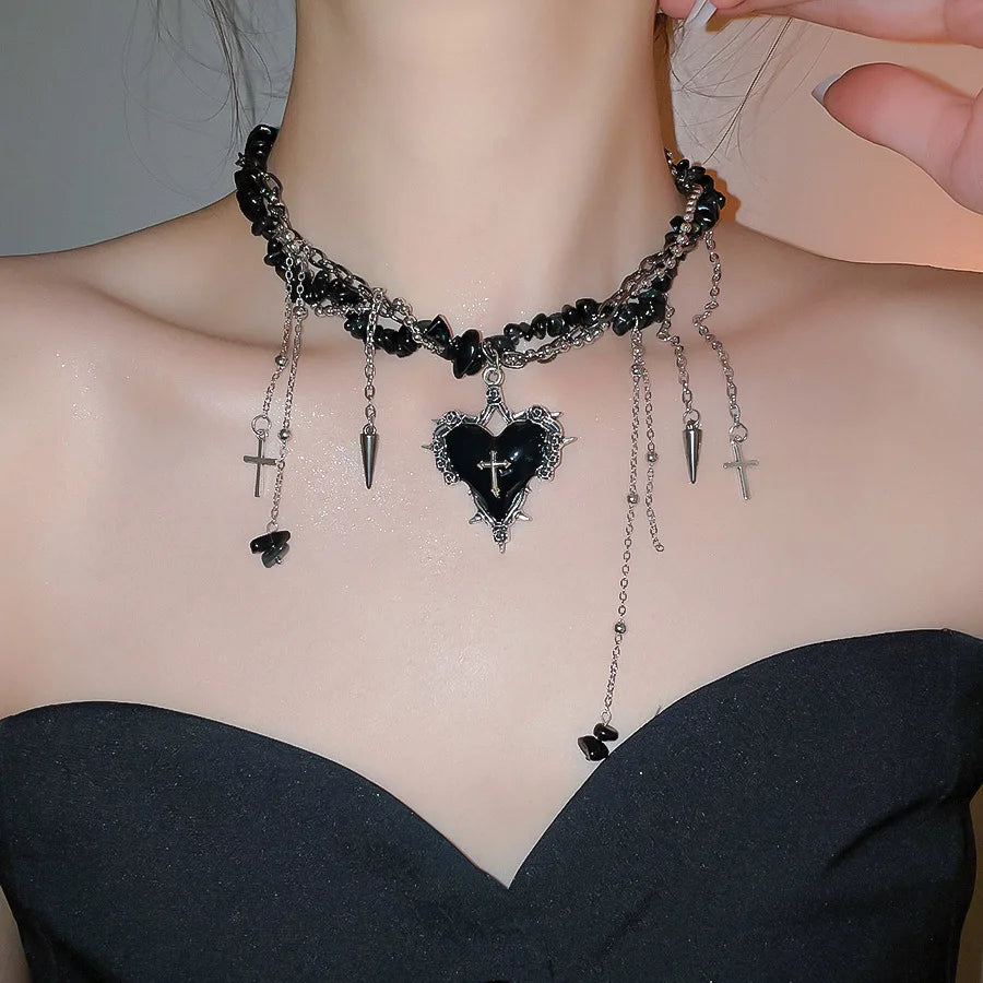 Goth Y2K Heart Cross Choker Necklace - Dark Red Stone Bead Punk Grunge Jewelry for Women Halloween Style