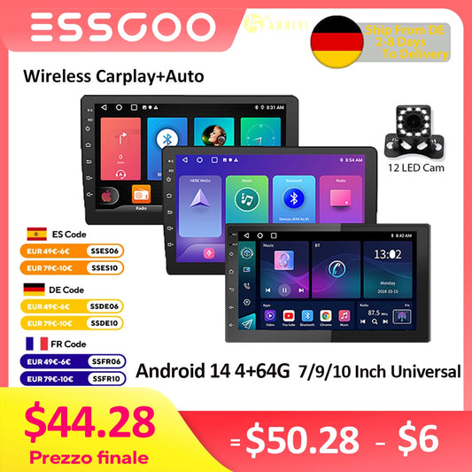 ESSGOO 2-Din Android Car Radio — 7/9/10" CarPlay Multimedia Player with GPS, Stereo Video Player for Tesla-Style, Nissan & Hyundai