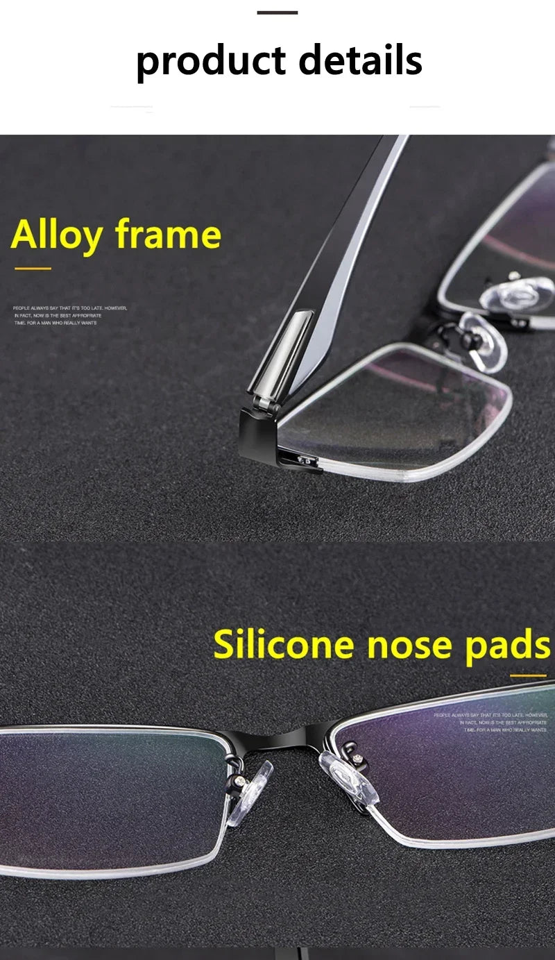 Progressive Multifocal Photochromic Reading Glasses – Anti-Blue Light Half Frame for Men with Presbyopia & Far Sight Protection