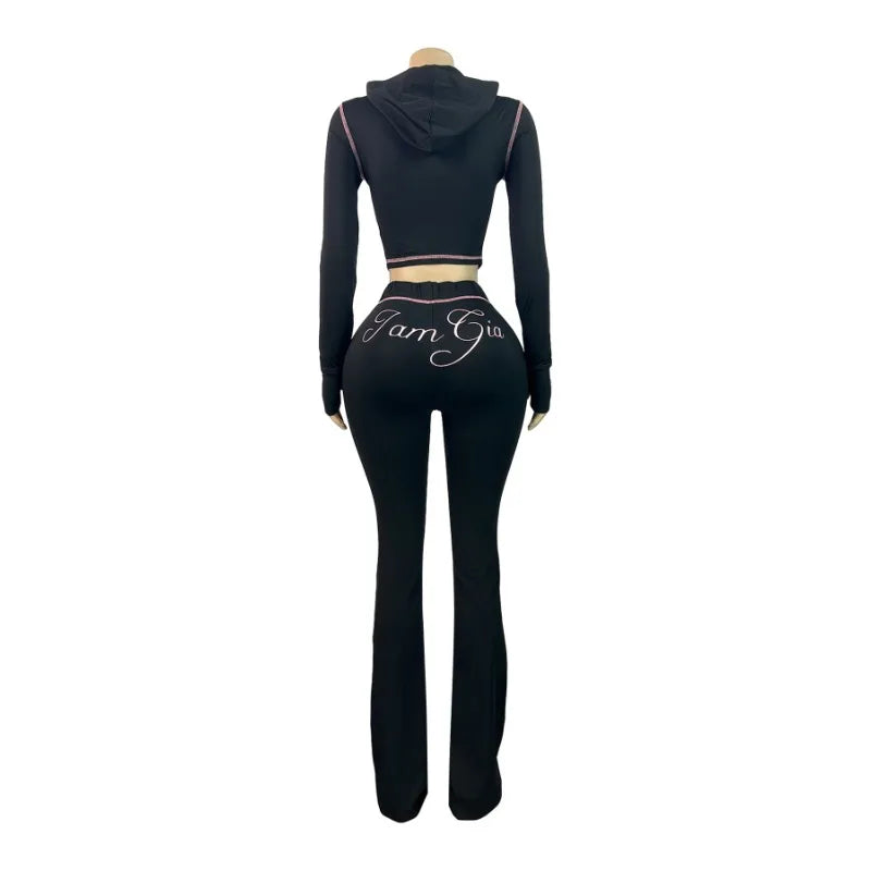 Women’s Letter Print 2-Piece Tracksuit Set - Hooded Zip-Up Coat & Jogger Pants for Autumn and Winter