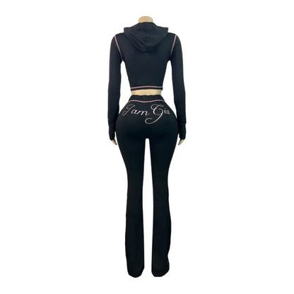 Women’s Letter Print 2-Piece Tracksuit Set - Hooded Zip-Up Coat & Jogger Pants for Autumn and Winter