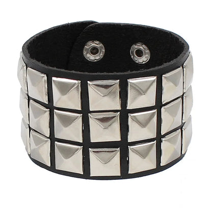 90s Punk Style Bracelet – PU Leather with 3 Rows of Spikes & Square Studs, Fashion Bangle for 2024