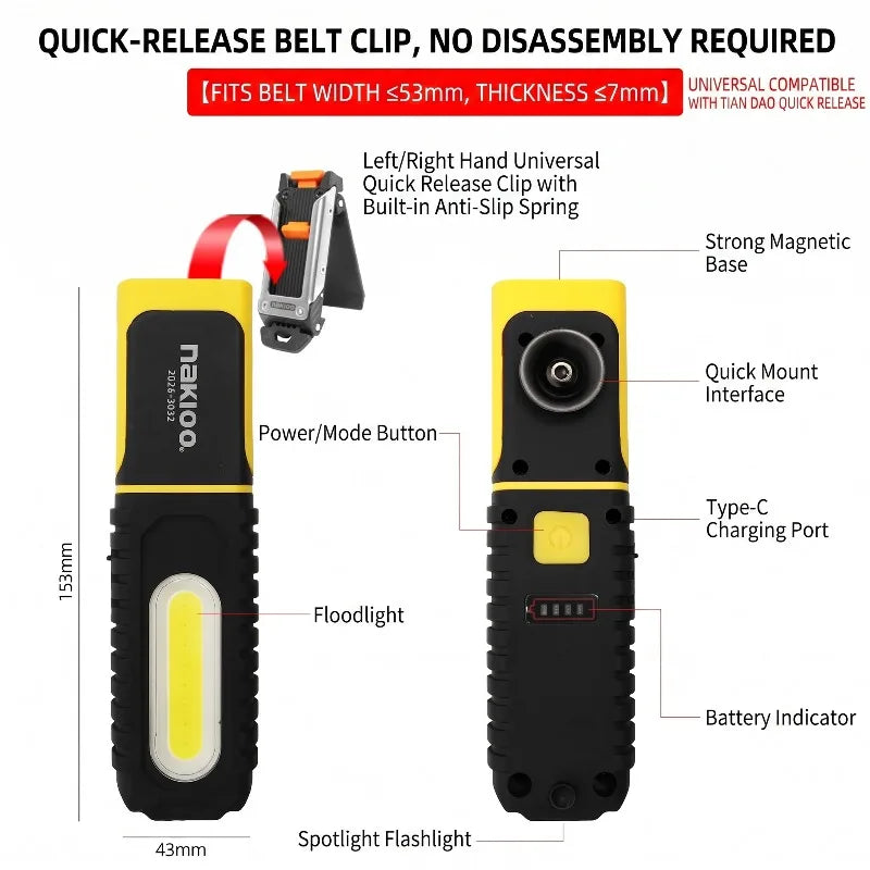 NAKIOO COB LED Work Light - Magnetic Base, 360° Rotating Portable Inspection Flashlight with 5 Light Modes