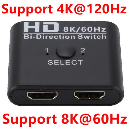 8K 60Hz HDMI Switch - 4K 120Hz Bi-Directional 2-Port HDMI Splitter for Laptop, PC, Xbox, PS3/4, TV, Monitor, Projector