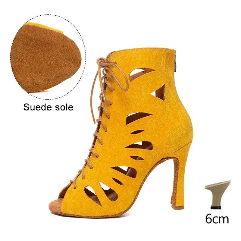 HROYL Women’s Latin Dance Shoes – Lace-Up Hollow Fish Mouth Jazz & Tango High Heels 6-10CM