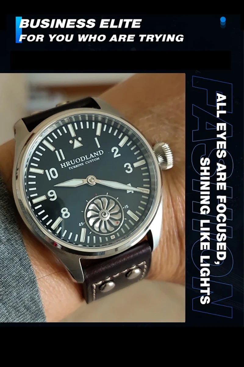 Hruodland 43MM Pilot Men’s Manual Mechanical Watch — Sapphire Crystal, BGW-9 Night Light, Turbine Design, Waterproof 5Bar