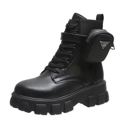 Women's Leather Oxford Motorcycle Boots – Lace-Up Platform Wedge Shoes in White, Black, and Rinse