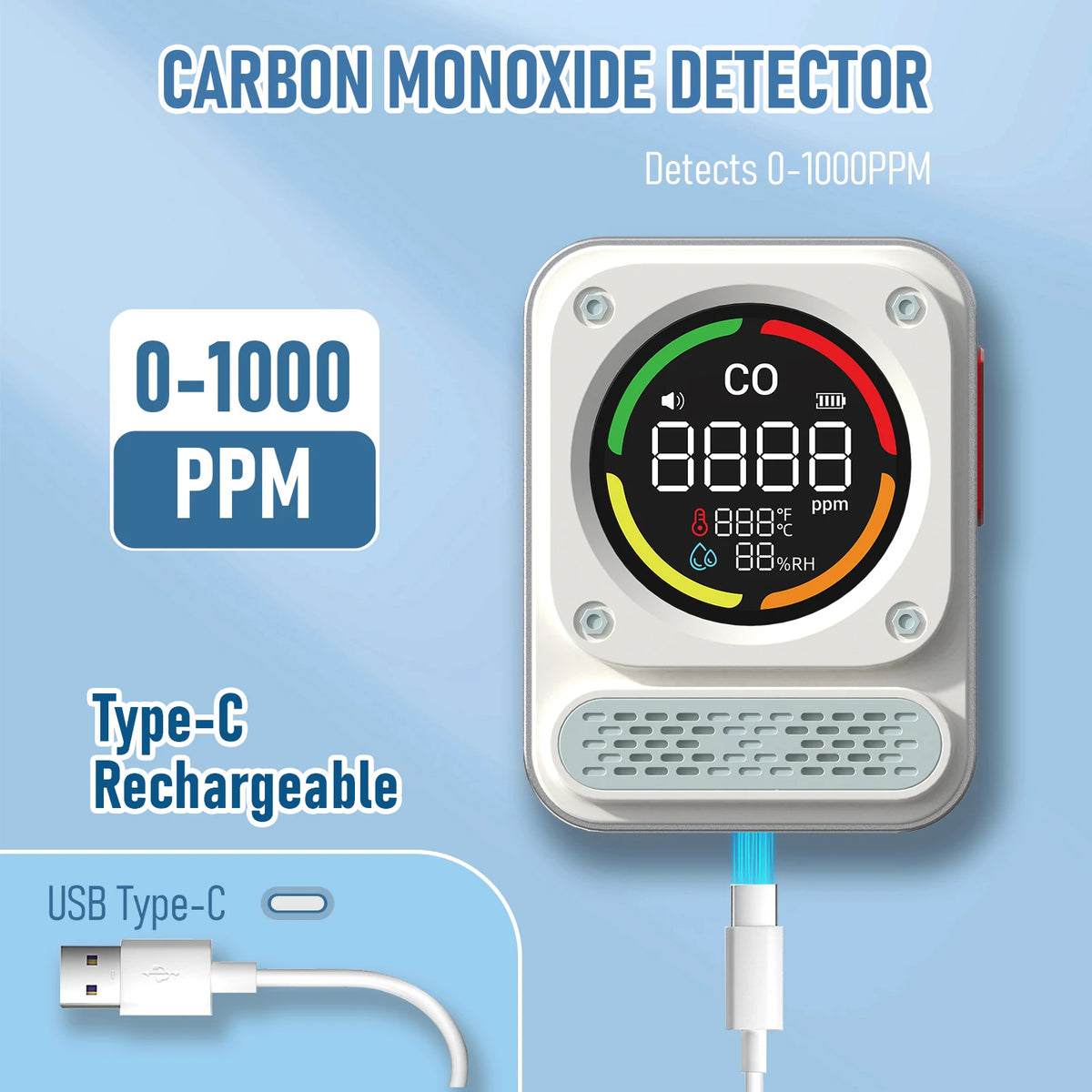 3-in-1 Portable Carbon Monoxide Detector - High-Precision 0–1000 PPM CO Meter with Temperature, Humidity & 3-Level Alarm for Home, RV & Camping