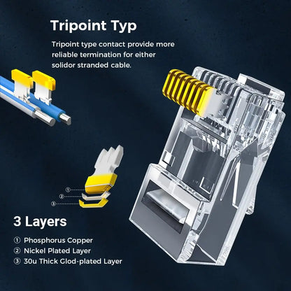 ZoeRax RJ45 Cat6 Pass-Through Connectors — 50/100/200PCS Modular Plugs 1.1mm | Solid & Stranded FTP/STP Cable
