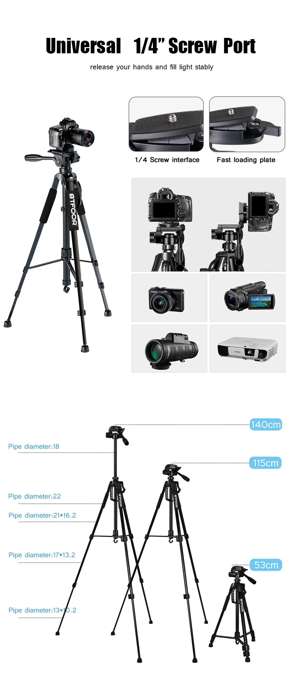 55" Aluminum Phone & Camera Tripod – 140CM Tall Travel Stand with Quick Release Plate & Pan Head for Canon Nikon DSLR SLR