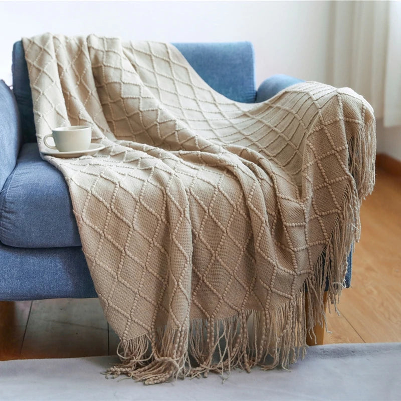 White Boho Throw Blanket – Textured Chunky Knitted Vintage Luxury Bedspread, Sofa Cover Manta Para Sofá