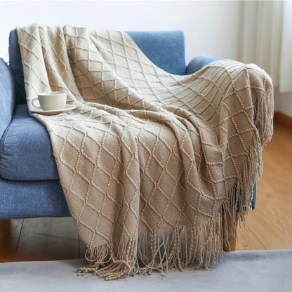 White Boho Throw Blanket – Textured Chunky Knitted Vintage Luxury Bedspread, Sofa Cover Manta Para Sofá