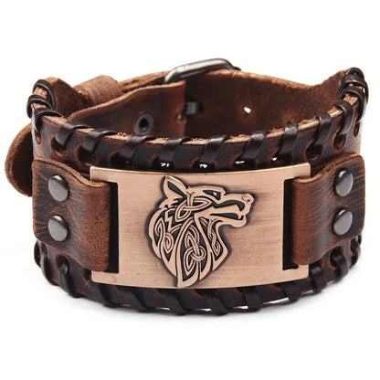 Vintage Viking Leather Braided Bracelet for Men - Celtic Wolf Head Bangle, Classic Animal Motif Jewelry & Hand Accessories