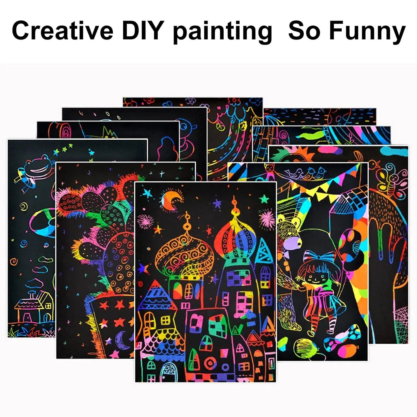 2 Pack Rainbow Scratch Paper Art Book: Children's DIY Rainbow Art Paper Card with Wood Stick - Neon Scratch Book
