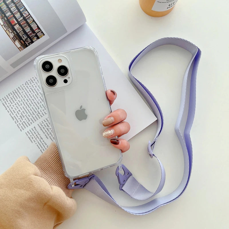 Crossbody Shoulder Strap Phone Case - Transparent Shockproof Cover for iPhone 17 Air, 16, 15, 14, 13 Pro Max & More
