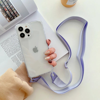 Crossbody Shoulder Strap Phone Case - Transparent Shockproof Cover for iPhone 17 Air, 16, 15, 14, 13 Pro Max & More