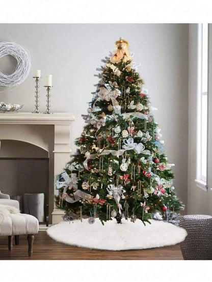 White Fluffy Christmas Tree Skirt – Plush Carpet Decoration for Merry Christmas, New Year & Xmas Trees