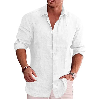 Men’s Cotton Linen Shirt - Long Sleeve Solid Color Casual Plus Size Autumn Top