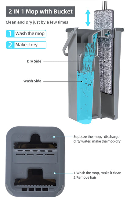 Hands-Free Flat Floor Mop & Bucket Set – Professional Home Cleaning System with Washable Microfiber Pads for Hardwood