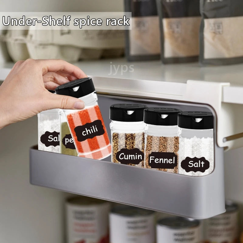 Self-Adhesive Kitchen Spice Rack: Wall-Mounted Under-Shelf Seasoning Bottle Storage Organizer