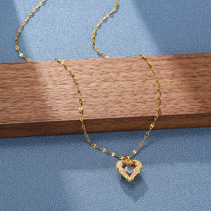 Top Luxury Colorful Crystal Ocean Heart Pendant Necklace – Trendy 316L Stainless Steel Jewelry for Women, Wedding Neck Chain