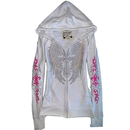 Women’s Y2K Rhinestone Hooded Jacket - Vintage Angel Wing Cross Crystal Streetwear