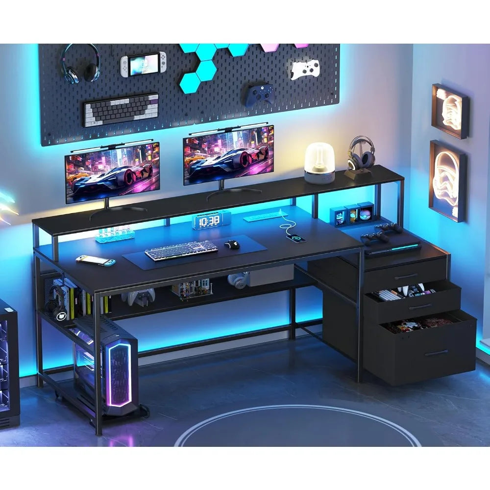 66" Computer Desk with LED Lights & Power Outlets – Home Office Desk with 3 Drawers, Storage Shelf & Gaming Desk